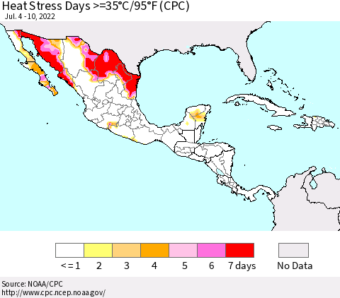 Mexico Central America and the Caribbean Heat Stress Days >=35°C/95°F (CPC) Thematic Map For 7/4/2022 - 7/10/2022