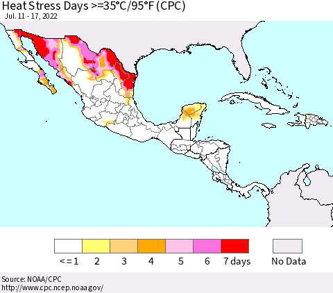 Mexico Central America and the Caribbean Heat Stress Days >=35°C/95°F (CPC) Thematic Map For 7/11/2022 - 7/17/2022