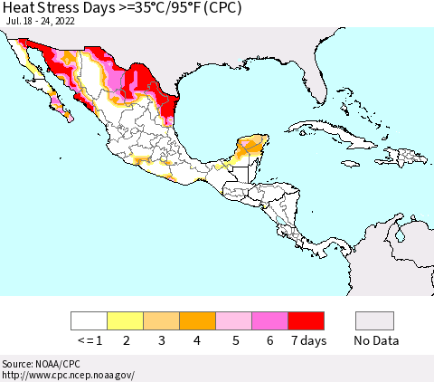 Mexico Central America and the Caribbean Heat Stress Days >=35°C/95°F (CPC) Thematic Map For 7/18/2022 - 7/24/2022