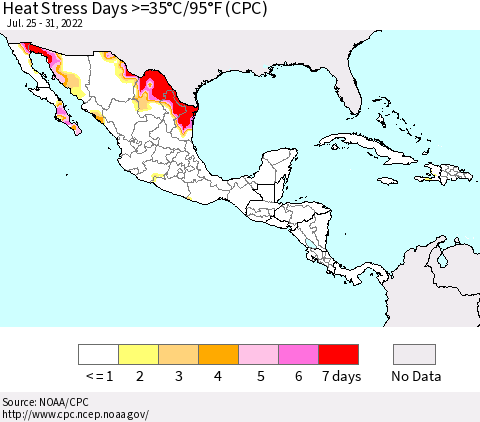 Mexico Central America and the Caribbean Heat Stress Days >=35°C/95°F (CPC) Thematic Map For 7/25/2022 - 7/31/2022