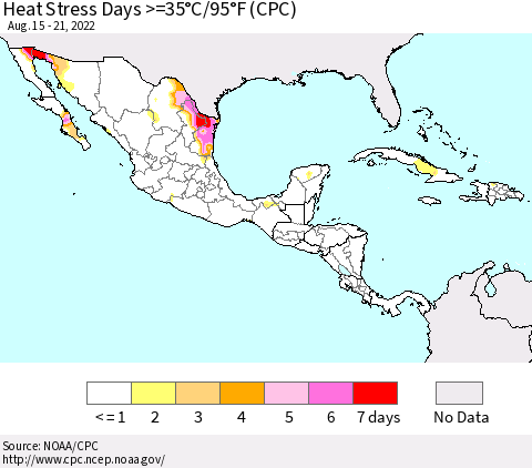 Mexico Central America and the Caribbean Heat Stress Days >=35°C/95°F (CPC) Thematic Map For 8/15/2022 - 8/21/2022