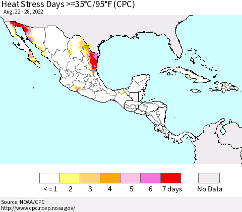 Mexico Central America and the Caribbean Heat Stress Days >=35°C/95°F (CPC) Thematic Map For 8/22/2022 - 8/28/2022