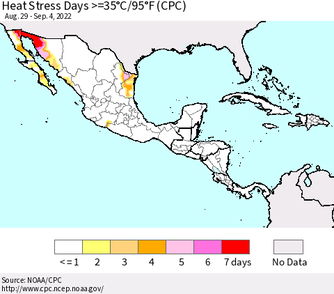 Mexico Central America and the Caribbean Heat Stress Days >=35°C/95°F (CPC) Thematic Map For 8/29/2022 - 9/4/2022
