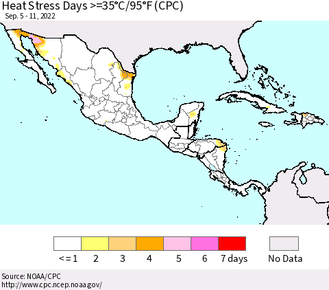 Mexico Central America and the Caribbean Heat Stress Days >=35°C/95°F (CPC) Thematic Map For 9/5/2022 - 9/11/2022