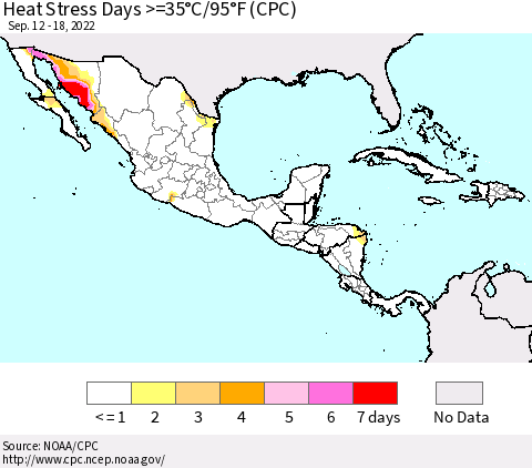 Mexico Central America and the Caribbean Heat Stress Days >=35°C/95°F (CPC) Thematic Map For 9/12/2022 - 9/18/2022