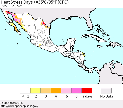 Mexico Central America and the Caribbean Heat Stress Days >=35°C/95°F (CPC) Thematic Map For 9/19/2022 - 9/25/2022