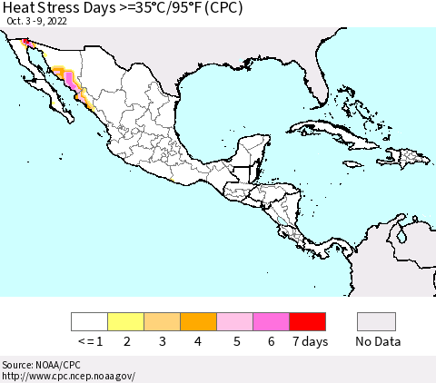 Mexico Central America and the Caribbean Heat Stress Days >=35°C/95°F (CPC) Thematic Map For 10/3/2022 - 10/9/2022