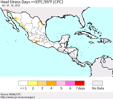 Mexico Central America and the Caribbean Heat Stress Days >=35°C/95°F (CPC) Thematic Map For 10/10/2022 - 10/16/2022