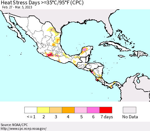 Mexico Central America and the Caribbean Heat Stress Days >=35°C/95°F (CPC) Thematic Map For 2/27/2023 - 3/5/2023