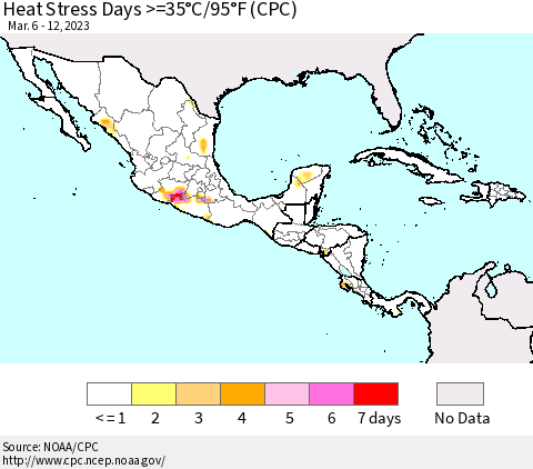 Mexico Central America and the Caribbean Heat Stress Days >=35°C/95°F (CPC) Thematic Map For 3/6/2023 - 3/12/2023
