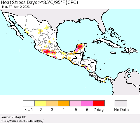 Mexico Central America and the Caribbean Heat Stress Days >=35°C/95°F (CPC) Thematic Map For 3/27/2023 - 4/2/2023