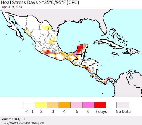 Mexico Central America and the Caribbean Heat Stress Days >=35°C/95°F (CPC) Thematic Map For 4/3/2023 - 4/9/2023