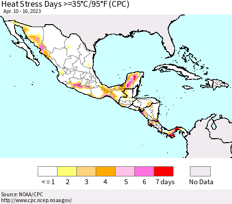 Mexico Central America and the Caribbean Heat Stress Days >=35°C/95°F (CPC) Thematic Map For 4/10/2023 - 4/16/2023