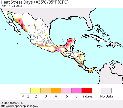 Mexico Central America and the Caribbean Heat Stress Days >=35°C/95°F (CPC) Thematic Map For 4/17/2023 - 4/23/2023
