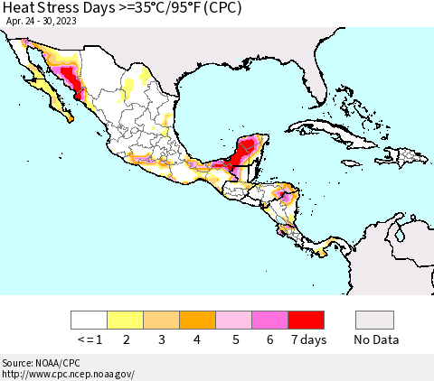 Mexico Central America and the Caribbean Heat Stress Days >=35°C/95°F (CPC) Thematic Map For 4/24/2023 - 4/30/2023