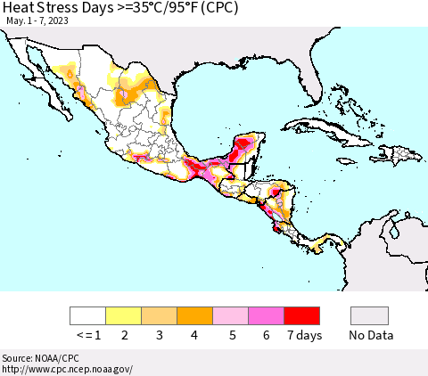 Mexico Central America and the Caribbean Heat Stress Days >=35°C/95°F (CPC) Thematic Map For 5/1/2023 - 5/7/2023