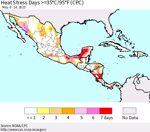 Mexico Central America and the Caribbean Heat Stress Days >=35°C/95°F (CPC) Thematic Map For 5/8/2023 - 5/14/2023