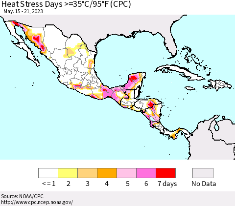 Mexico Central America and the Caribbean Heat Stress Days >=35°C/95°F (CPC) Thematic Map For 5/15/2023 - 5/21/2023