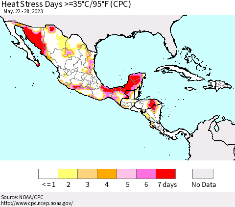 Mexico Central America and the Caribbean Heat Stress Days >=35°C/95°F (CPC) Thematic Map For 5/22/2023 - 5/28/2023