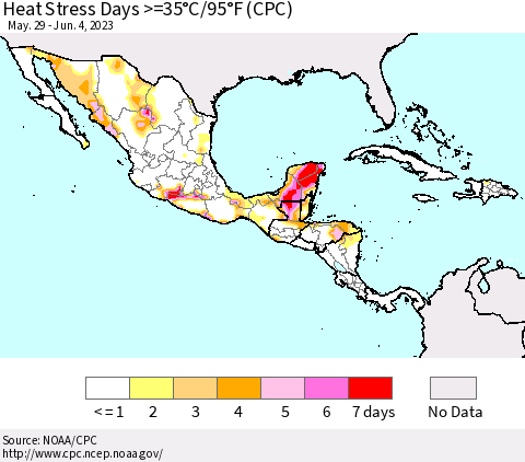 Mexico Central America and the Caribbean Heat Stress Days >=35°C/95°F (CPC) Thematic Map For 5/29/2023 - 6/4/2023
