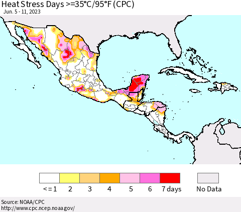 Mexico Central America and the Caribbean Heat Stress Days >=35°C/95°F (CPC) Thematic Map For 6/5/2023 - 6/11/2023