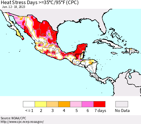 Mexico Central America and the Caribbean Heat Stress Days >=35°C/95°F (CPC) Thematic Map For 6/12/2023 - 6/18/2023