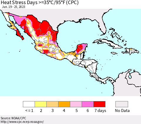 Mexico Central America and the Caribbean Heat Stress Days >=35°C/95°F (CPC) Thematic Map For 6/19/2023 - 6/25/2023