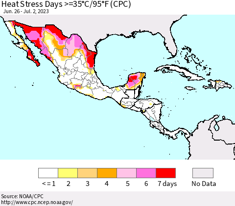 Mexico Central America and the Caribbean Heat Stress Days >=35°C/95°F (CPC) Thematic Map For 6/26/2023 - 7/2/2023
