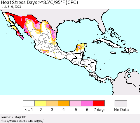 Mexico Central America and the Caribbean Heat Stress Days >=35°C/95°F (CPC) Thematic Map For 7/3/2023 - 7/9/2023