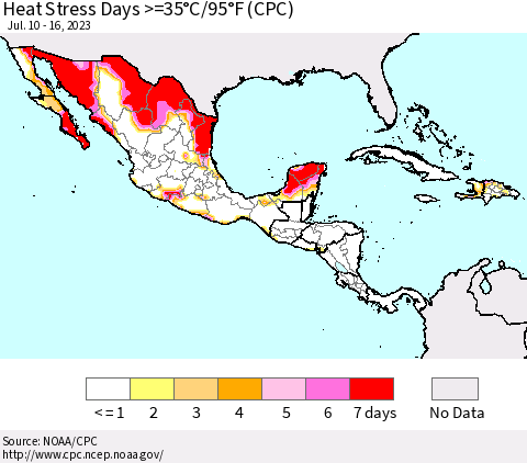 Mexico Central America and the Caribbean Heat Stress Days >=35°C/95°F (CPC) Thematic Map For 7/10/2023 - 7/16/2023