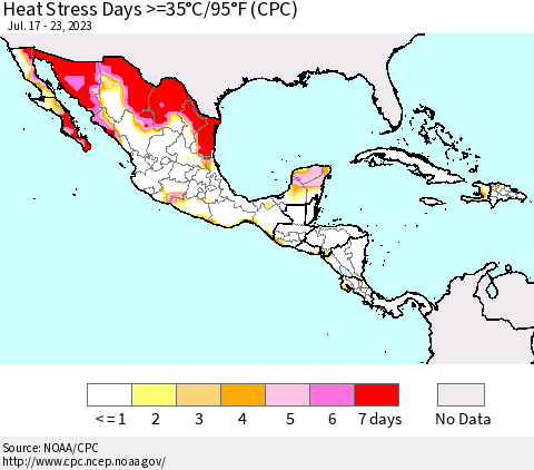 Mexico Central America and the Caribbean Heat Stress Days >=35°C/95°F (CPC) Thematic Map For 7/17/2023 - 7/23/2023