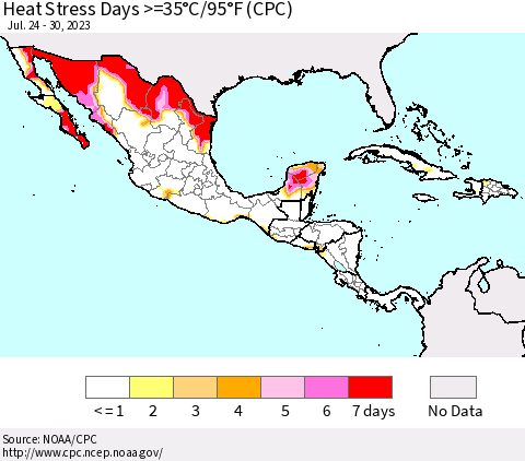 Mexico Central America and the Caribbean Heat Stress Days >=35°C/95°F (CPC) Thematic Map For 7/24/2023 - 7/30/2023