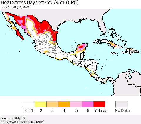 Mexico Central America and the Caribbean Heat Stress Days >=35°C/95°F (CPC) Thematic Map For 7/31/2023 - 8/6/2023