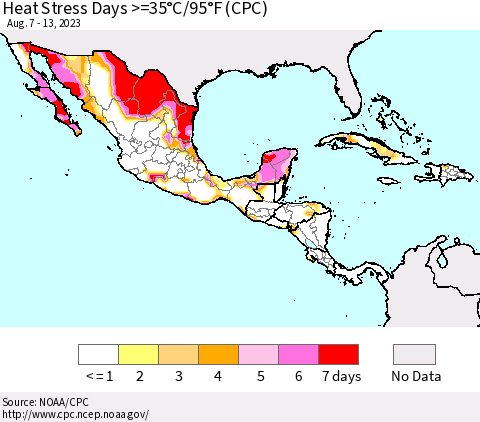 Mexico Central America and the Caribbean Heat Stress Days >=35°C/95°F (CPC) Thematic Map For 8/7/2023 - 8/13/2023