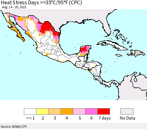 Mexico Central America and the Caribbean Heat Stress Days >=35°C/95°F (CPC) Thematic Map For 8/14/2023 - 8/20/2023