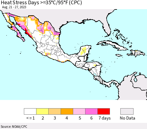 Mexico Central America and the Caribbean Heat Stress Days >=35°C/95°F (CPC) Thematic Map For 8/21/2023 - 8/27/2023