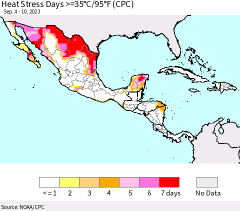 Mexico Central America and the Caribbean Heat Stress Days >=35°C/95°F (CPC) Thematic Map For 9/4/2023 - 9/10/2023