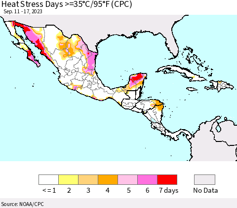 Mexico Central America and the Caribbean Heat Stress Days >=35°C/95°F (CPC) Thematic Map For 9/11/2023 - 9/17/2023