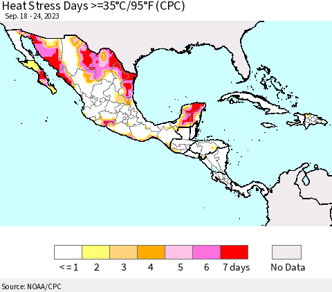 Mexico Central America and the Caribbean Heat Stress Days >=35°C/95°F (CPC) Thematic Map For 9/18/2023 - 9/24/2023