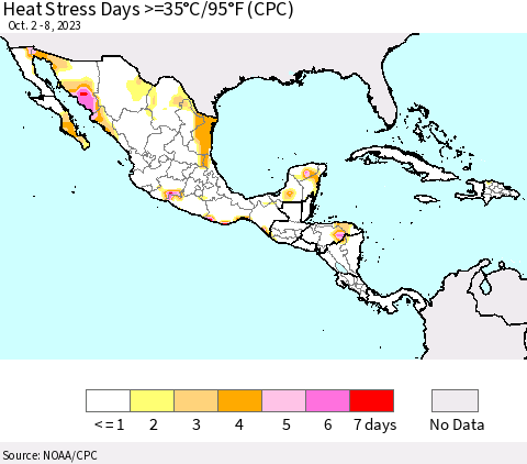 Mexico Central America and the Caribbean Heat Stress Days >=35°C/95°F (CPC) Thematic Map For 10/2/2023 - 10/8/2023