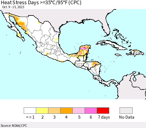 Mexico Central America and the Caribbean Heat Stress Days >=35°C/95°F (CPC) Thematic Map For 10/9/2023 - 10/15/2023