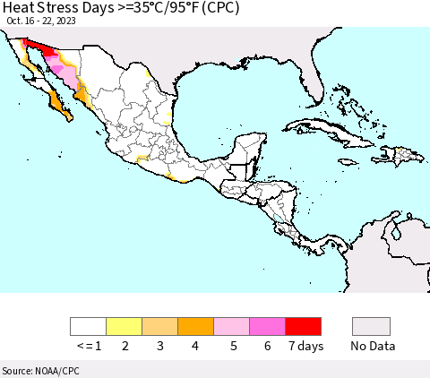 Mexico Central America and the Caribbean Heat Stress Days >=35°C/95°F (CPC) Thematic Map For 10/16/2023 - 10/22/2023