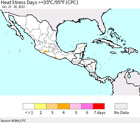 Mexico Central America and the Caribbean Heat Stress Days >=35°C/95°F (CPC) Thematic Map For 10/23/2023 - 10/29/2023