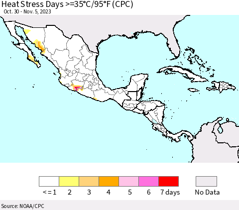 Mexico Central America and the Caribbean Heat Stress Days >=35°C/95°F (CPC) Thematic Map For 10/30/2023 - 11/5/2023