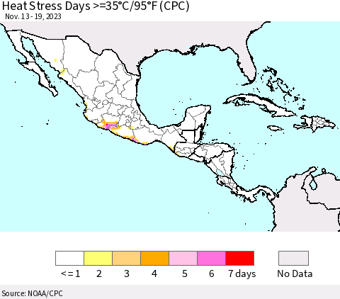 Mexico Central America and the Caribbean Heat Stress Days >=35°C/95°F (CPC) Thematic Map For 11/13/2023 - 11/19/2023