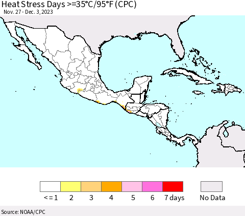 Mexico Central America and the Caribbean Heat Stress Days >=35°C/95°F (CPC) Thematic Map For 11/27/2023 - 12/3/2023