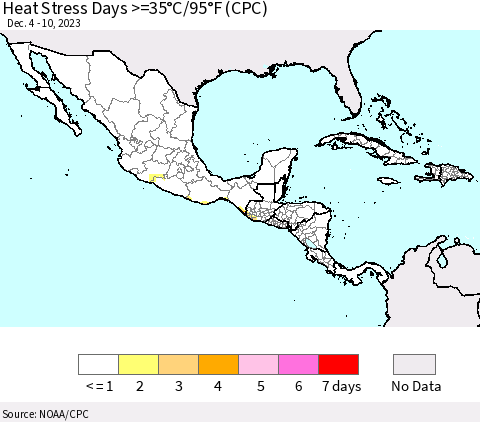 Mexico Central America and the Caribbean Heat Stress Days >=35°C/95°F (CPC) Thematic Map For 12/4/2023 - 12/10/2023