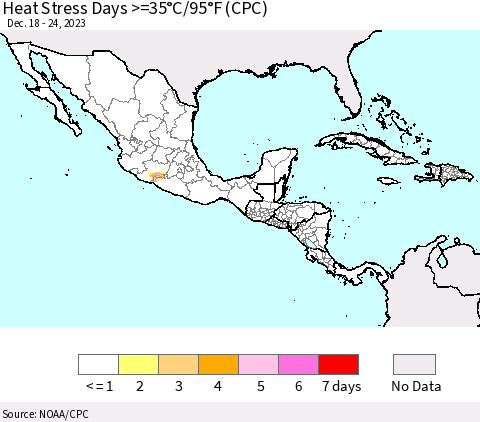 Mexico Central America and the Caribbean Heat Stress Days >=35°C/95°F (CPC) Thematic Map For 12/18/2023 - 12/24/2023