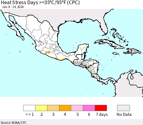 Mexico Central America and the Caribbean Heat Stress Days >=35°C/95°F (CPC) Thematic Map For 1/8/2024 - 1/14/2024