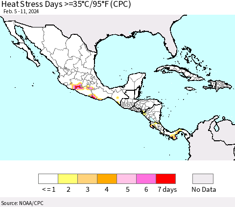 Mexico Central America and the Caribbean Heat Stress Days >=35°C/95°F (CPC) Thematic Map For 2/5/2024 - 2/11/2024